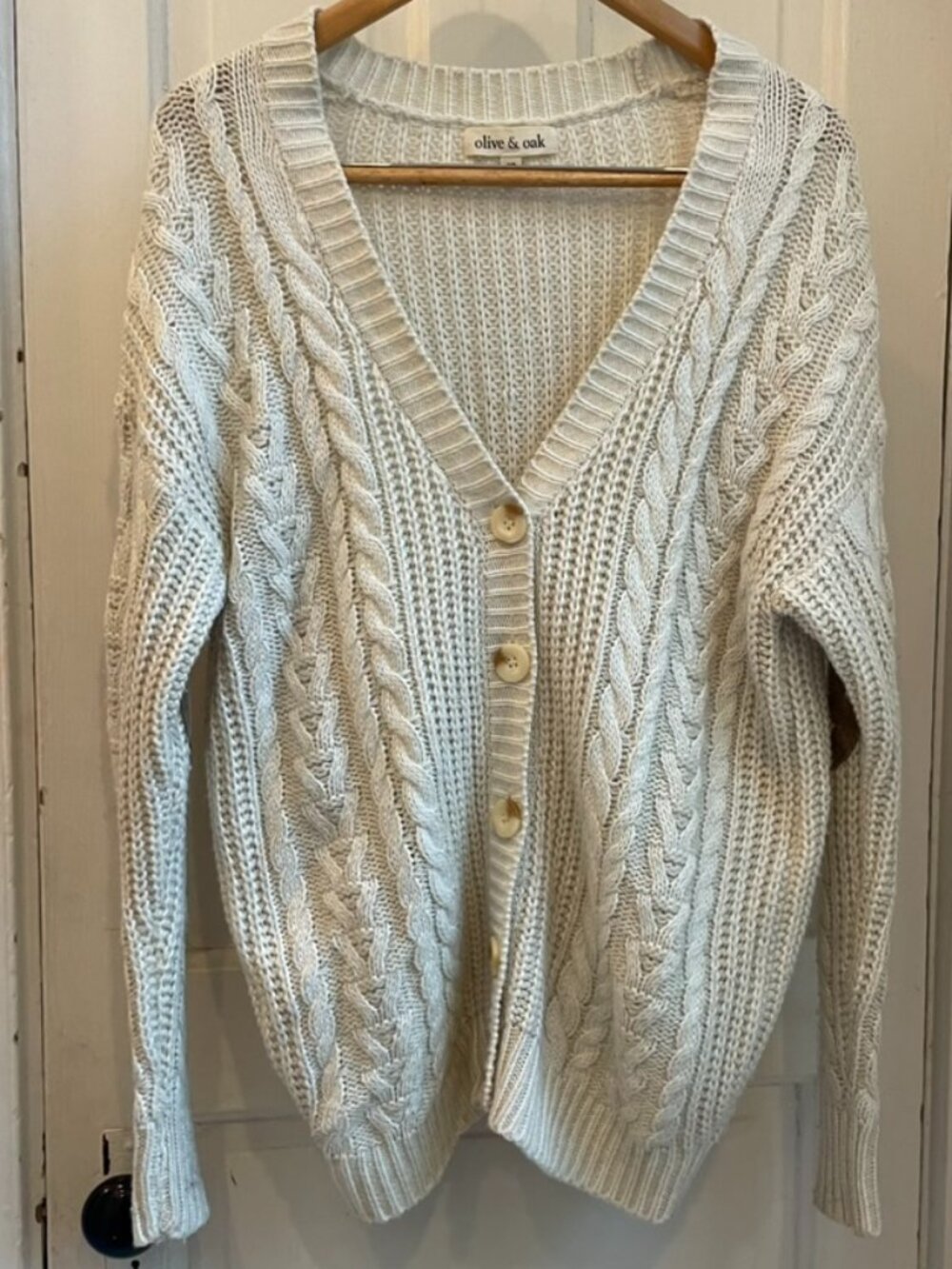 Olive & Oak Cream Cable Knit Cardigan Sweater w/ Elbow Patches - Size Small